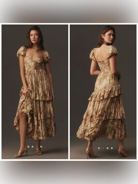 BHLDN Lurex Printed Tiered Puff Sleeve Dress Gold Metallic‎ Size Large